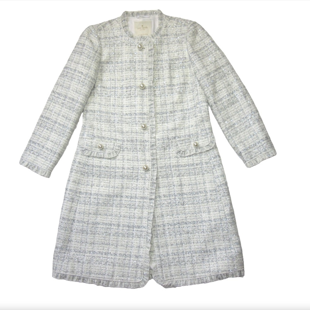 KATE SPADE Star Bright Sparkle Tweed in Cream Silver Coat 10 $548 EUC
